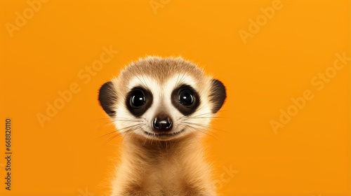  a close up of a baby meerkat on an orange background. generative ai