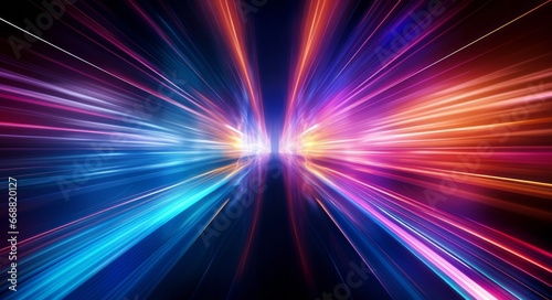 futuristic light rush, vibrant streaks creating an ethereal tunnel of glowing beams and abstract beauty.