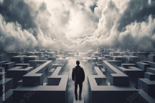 A man is trying to find a way out of a maze, he is faced with a choice
