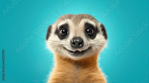  a close up of a meerkat's face with a blue background. generative ai