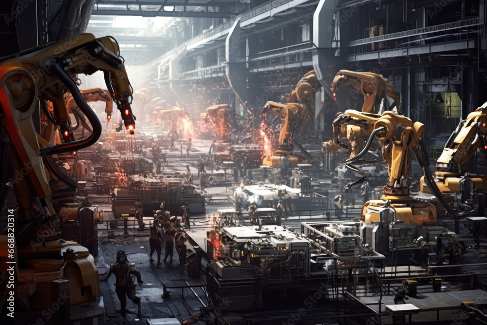 robots stand in a row at the production. concept of robotic process automatic.future robots stand in a row at the production. concept of robotic process automatic.future