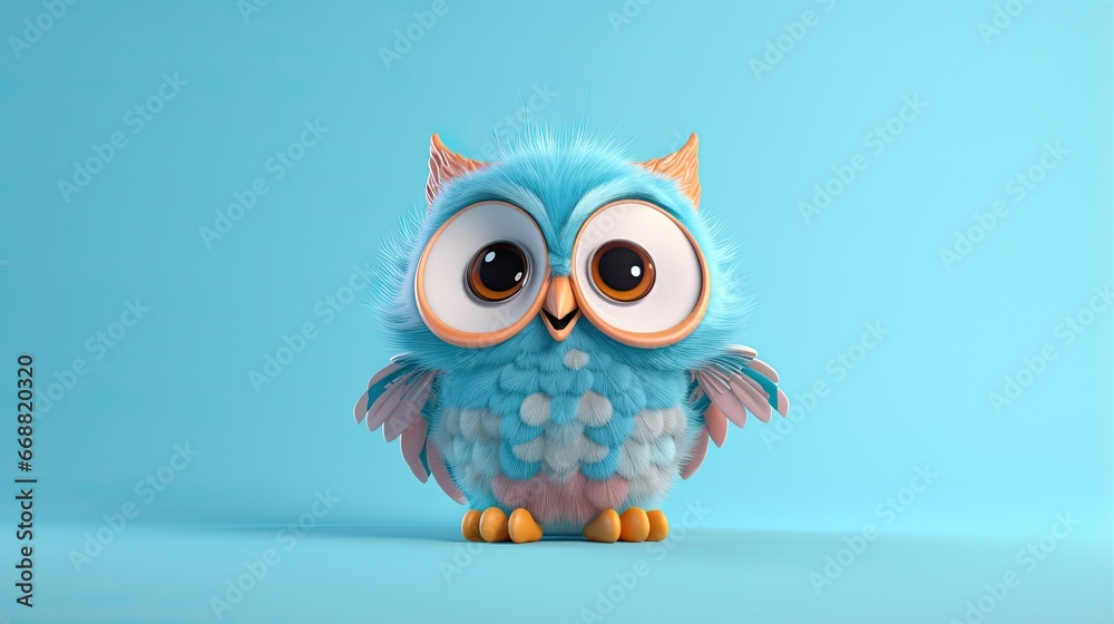  a blue owl with big eyes sitting on a blue background.  generative ai