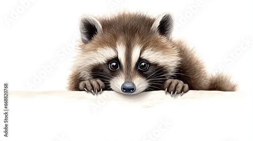  a raccoon looking over a white surface with its paws on the edge. generative ai