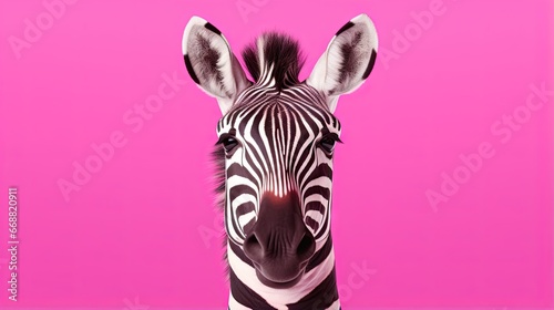  a close up of a zebra s head against a pink background.  generative ai