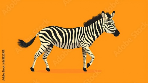  a zebra walking across a yellow background with a black tail. generative ai
