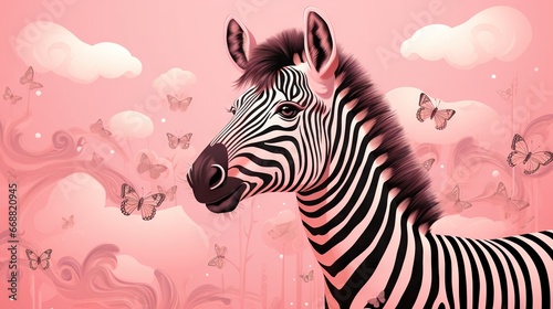  a zebra standing in front of a pink background with butterflies. generative ai