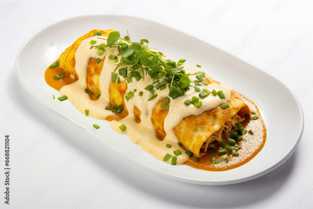 Delicious enchilada on a white serving plate Delicious enchilada on a white serving plate