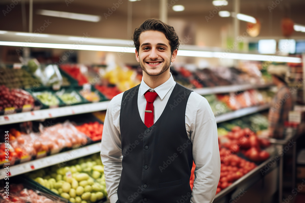 Joyful attractive Shop manager working in grocery store Joyful attractive Shop manager working in grocery store