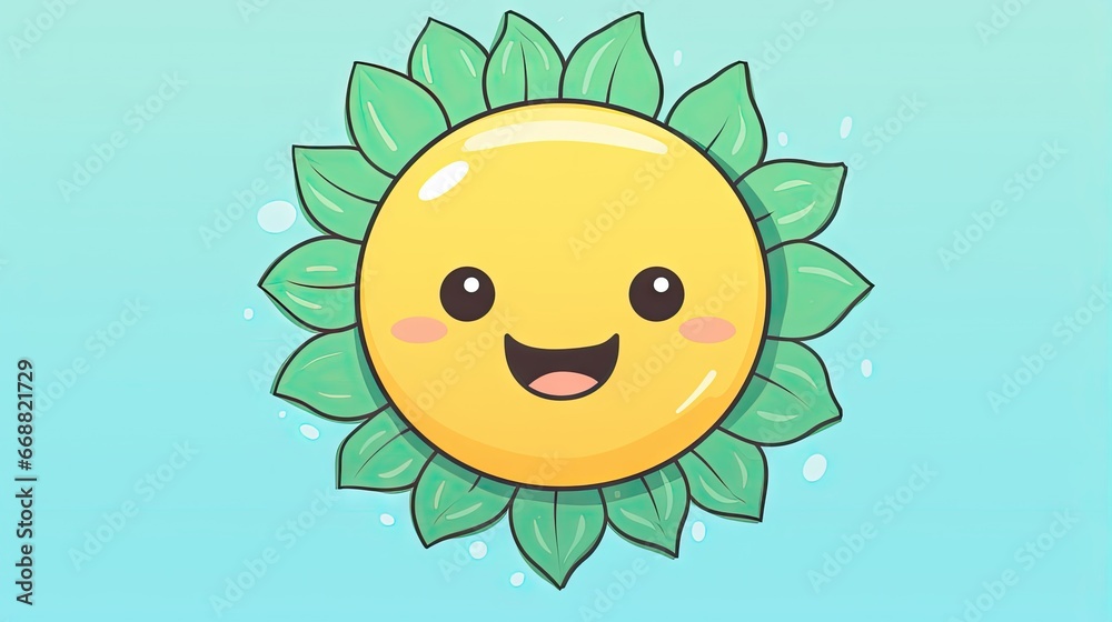  a cartoon sun with a green leaf on it's face.  generative ai