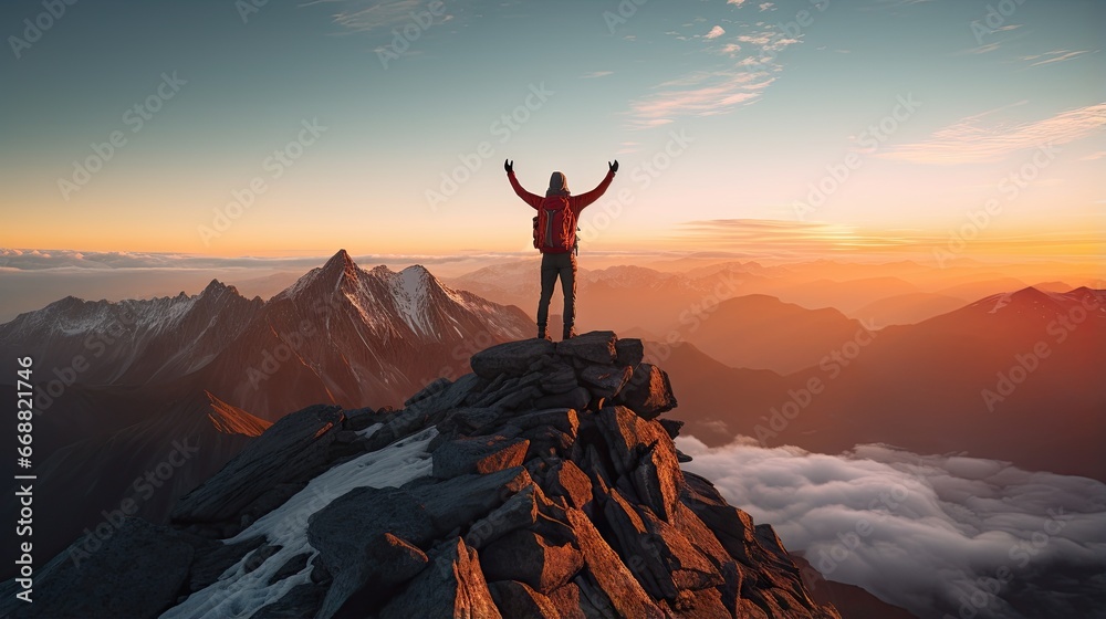  a man standing on top of a mountain with his arms in the air.  generative ai