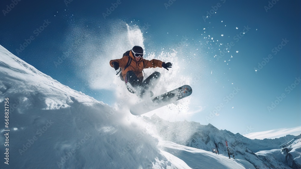 a man flying through the air while riding a snowboard. generative ai a man flying through the air while riding a snowboard. generative ai