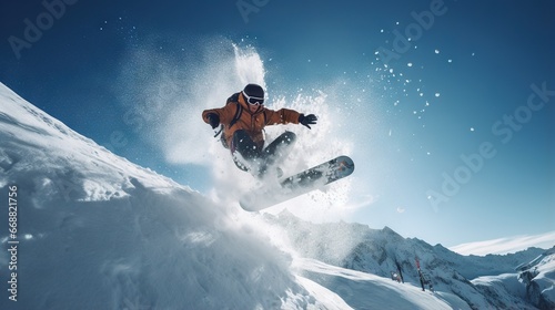  a man flying through the air while riding a snowboard. generative ai