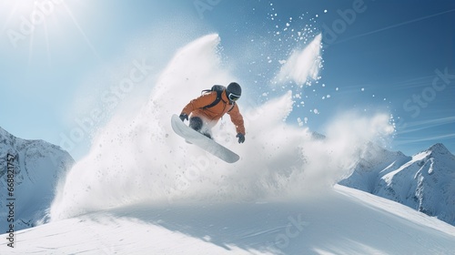  a snowboarder in an orange jacket is doing a trick. generative ai