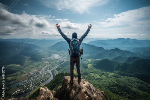 Traveler standing on top of a mountain with hands raised up , mission success and goal achieved, active tourism and mountain travel