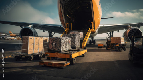 A cargo plane is loaded with luggage. A large airplane view from the inside. Cargo compartment. photo