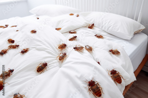 Bedbug colony on white sheet on bed in the bedroom close-up