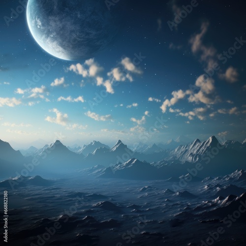 planet over a sci-fi alien landscape. Blue hues. Clouds in the sky. rocky terrain.  © ana