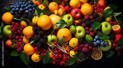 An overhead view of a variety of ripe  whole fruits waiting to be transformed into a refreshing medley.