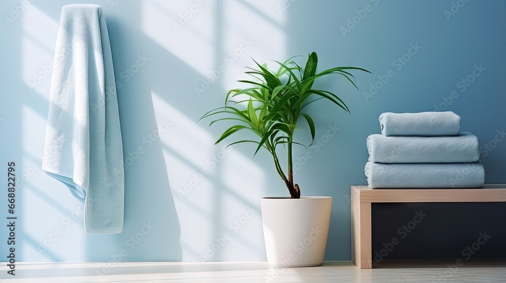 a potted plant sitting next to a stack of towels. generative ai a potted plant sitting next to a stack of towels. generative ai
