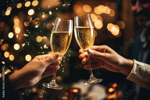 Happy friends having fun and toasting sparkling wine glasses close-up against golden bokeh lights background. Christmas celebration