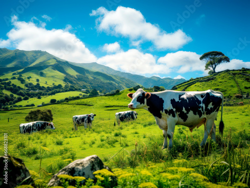 Cow in field. Cows graze on field with green grass at farm. Aerial view of a farm field with cow grazes eating grass to make fresh milk. AI Generated