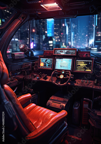 Futuristic Veins of Neon: An Inside Look into a Cyberpunk Vehicle Interior, A Generative AI’s Journey Through the Veins of Retro-Futurism and Modern Aesthetics