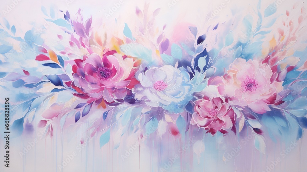 a painting of flowers painted on a white wall with blue and pink colors.  generative ai