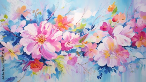  a painting of pink and blue flowers on a blue background. generative ai