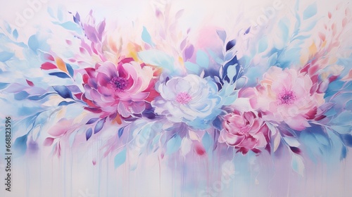  a painting of flowers painted on a white wall with blue and pink colors.  generative ai © Nadia