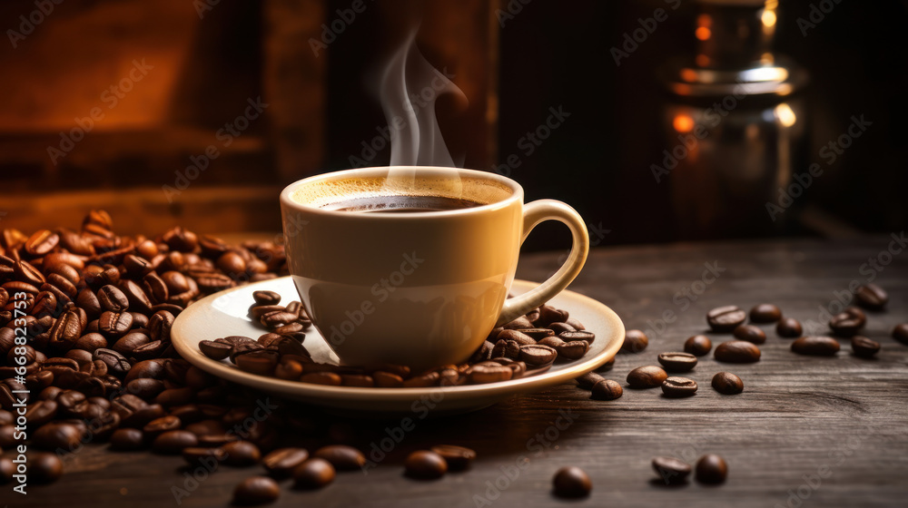 Coffee Time Capsule: Espresso Cup and coffee Beans on Vintage Table Coffee Time Capsule: Espresso Cup and coffee Beans on Vintage Table
