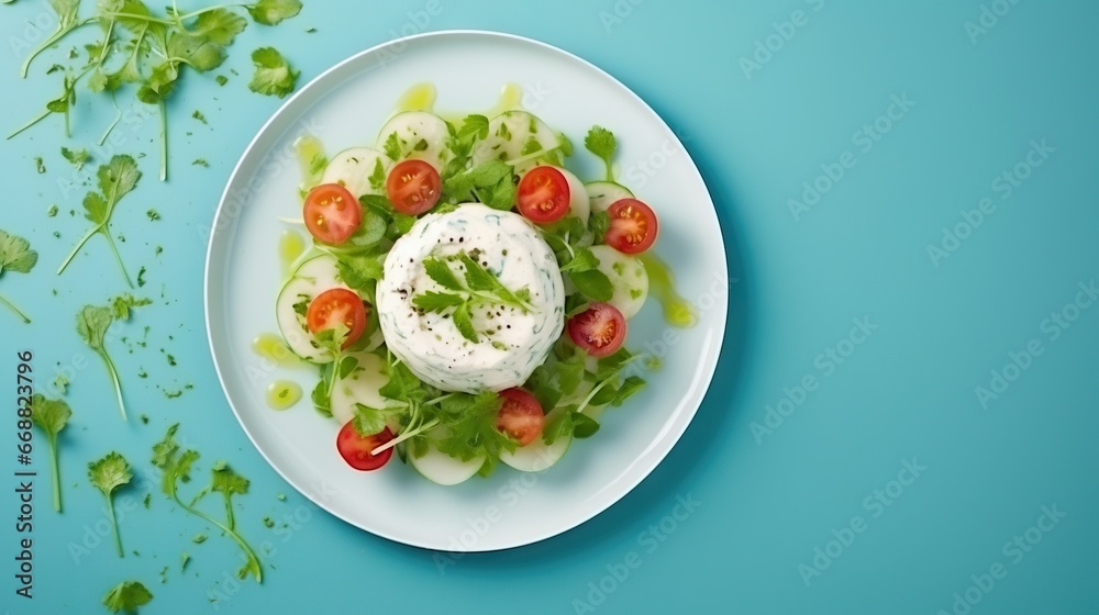 a white plate topped with cucumber and tomato salad. generative ai a white plate topped with cucumber and tomato salad. generative ai