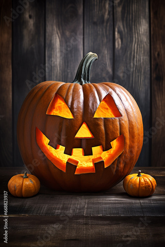 Halloween Pumpkin Head Jack Lantern on Wooden Background - Created with generative AI tools