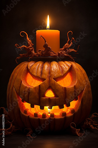 Halloween Pumpkin Head Jack Lantern with Burning Candles - Created with generative AI tools