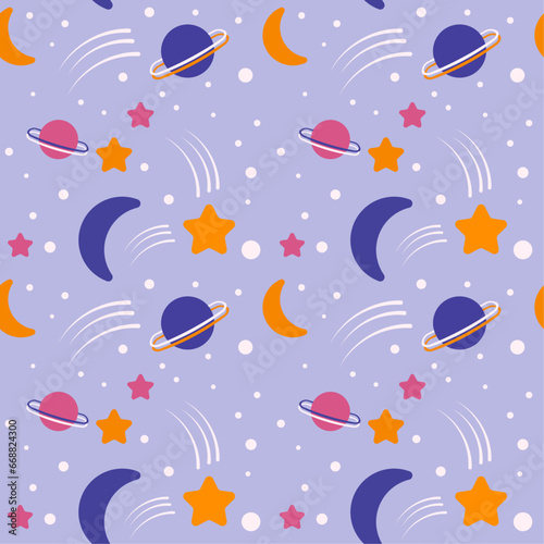 Seamless pattern for wallpaper, textile, clothing, mug, plate, bedroom, bed linen, carpet, notepad. Moon, stars, starry sky, planets, space vector