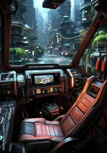 Futuristic Veins of Neon: An Inside Look into a Cyberpunk Vehicle Interior, A Generative AI’s Journey Through the Veins of Retro-Futurism and Modern Aesthetics © BigMindOutfit