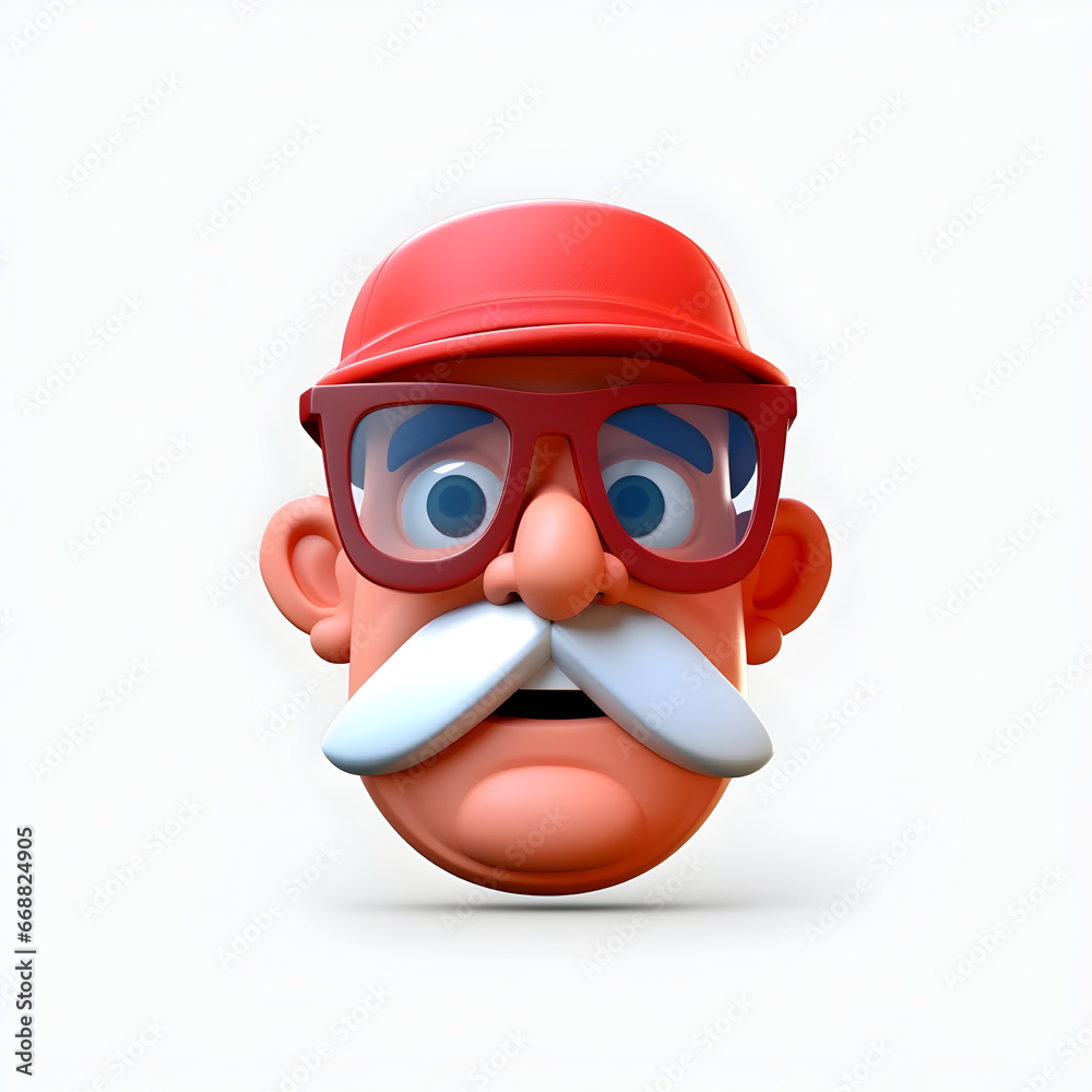 Isolated 3D rendered icon of an astonished old man cartoon character, cute cartoon style face of a person with moustache, hat and eye glasses Isolated 3D rendered icon of an astonished old man cartoon character, cute cartoon style face of a person with moustache, hat and eye glasses
