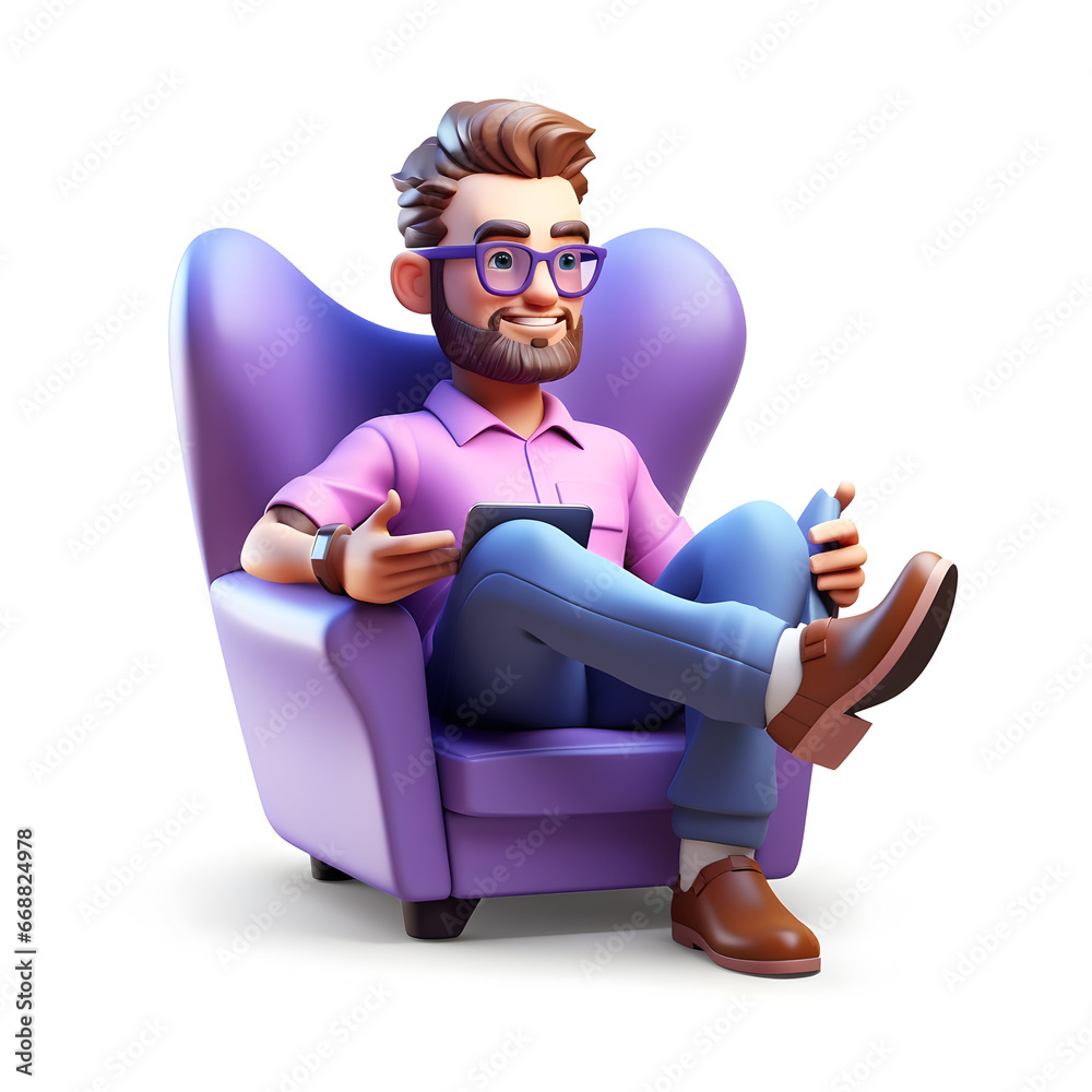 Isolated 3D Rendered cartoon icon of a businessman watching TV, cute cartoon style person with mobile , Person sitting on sofa Isolated 3D Rendered cartoon icon of a businessman watching TV, cute cartoon style person with mobile , Person sitting on sofa