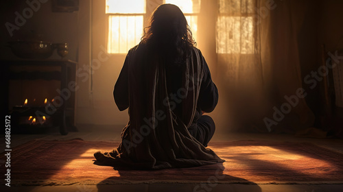 An ancient Middle Eastern man kneels in prayer in his religious home. Created using Generative AI technology.