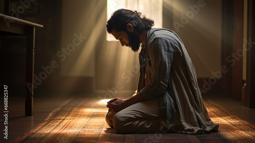 An ancient Middle Eastern man kneels in prayer in his religious home. Created using Generative AI technology.