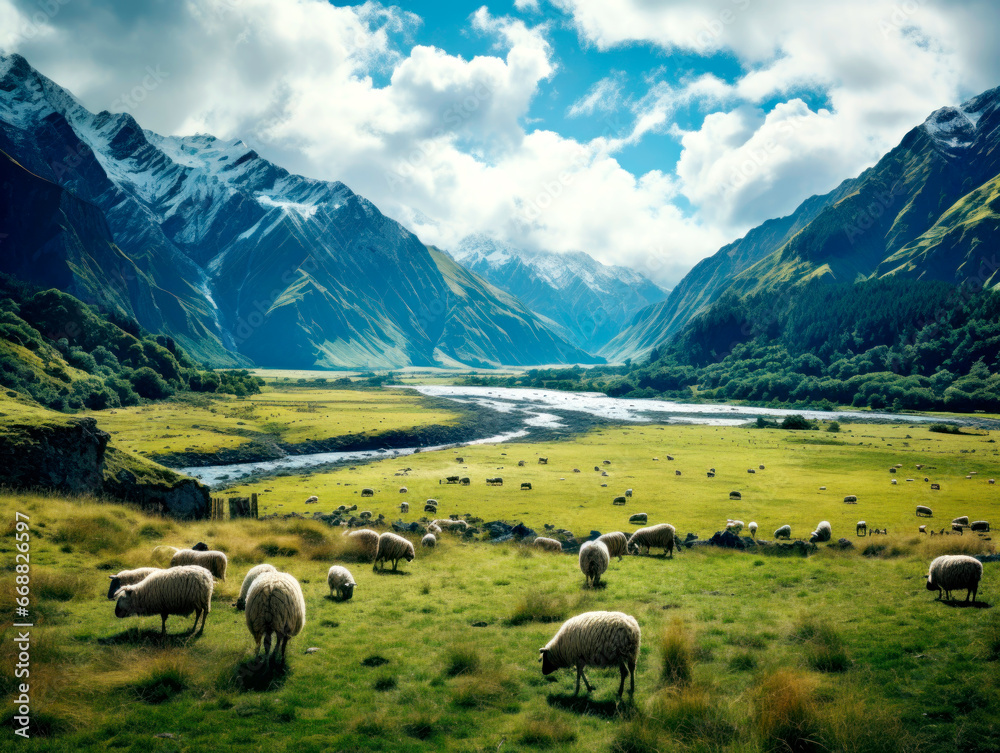 Herd of sheep on beautiful mountain meadow. Picturesque landscape background on mountainous terrain. AI Generated