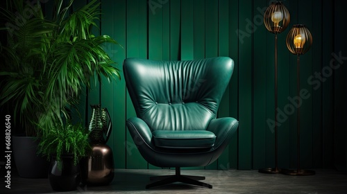  a green leather chair next to a potted plant and a lamp. generative ai