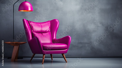  a pink chair sitting in front of a table with a lamp on it. generative ai