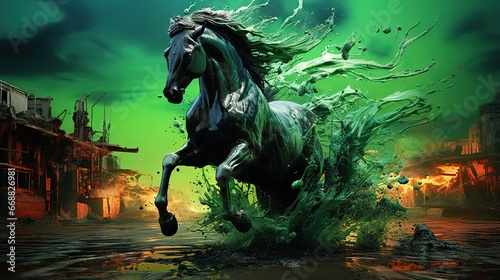  a painting of a horse running in the water with a building in the background.  generative ai