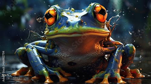  a frog with orange eyes sitting on top of a body of water. generative ai