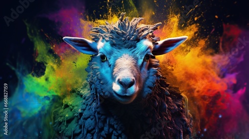  a sheep is standing in front of a multicolored background. generative ai