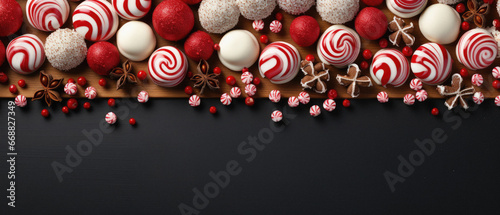 Christmas background with candy and fir tree branches.