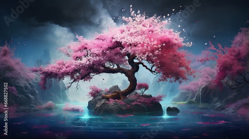  a painting of a tree with pink flowers in the water.  generative ai