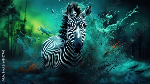  a zebra standing in a body of water surrounded by trees.  generative ai