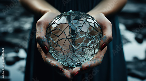 woman holds cracked glass sphere