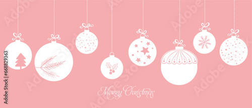 Hanging baubles with christmas icons and greetings text, Merry Christmas. © milushka
